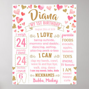 Poster Coeurs Premier signe de fête d'anniversaire pour u