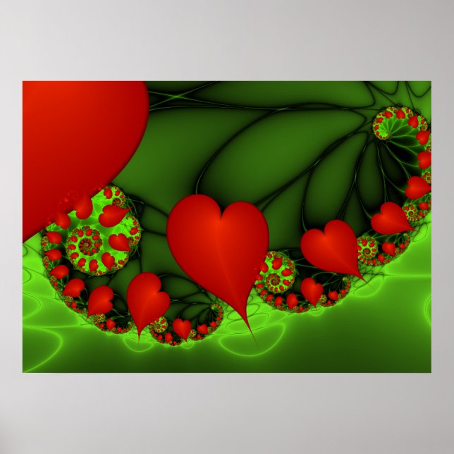 Poster Coeurs rouges Lime vert Moderne Art Abstrait fract (Devant)