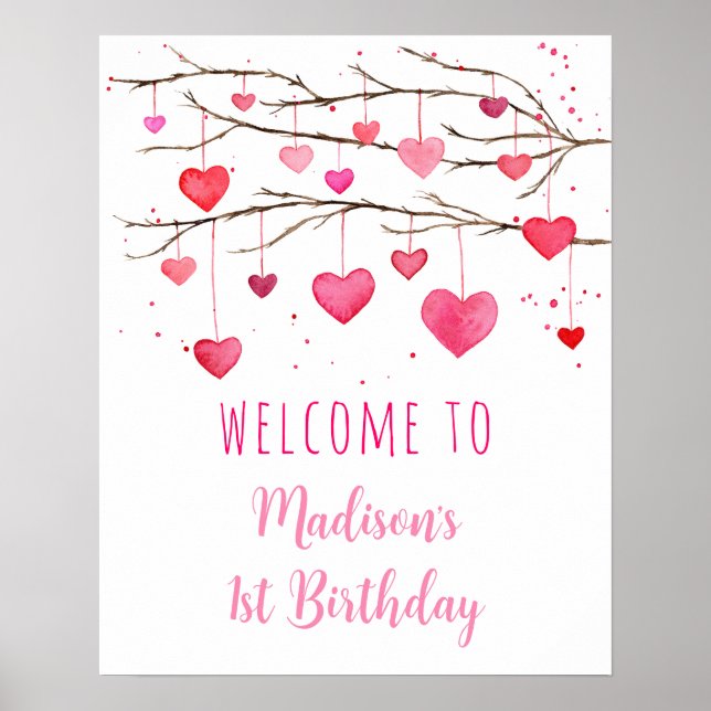 Poster Coeurs rouges roses Chéri Anniversaire Bienvenue (Devant)