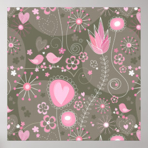 Poster Coeurs Whimsical rose et gris, oiseaux et fleurs