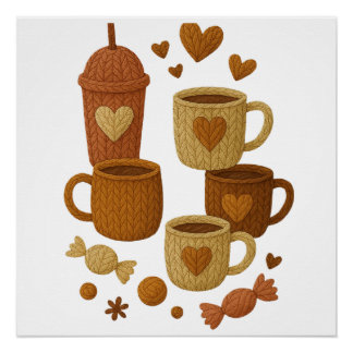 Poster Coffee Valentine Day Love Knitted Hearts Hugs