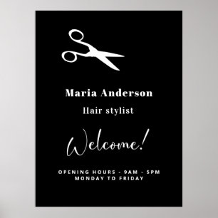 Poster Coiffeur noir blanc heures d'ouverture accueil