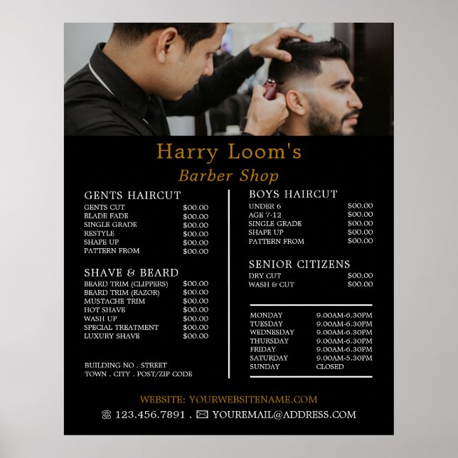 Poster Coiffure élégante, Barbiers pour hommes Tarifs (Devant)