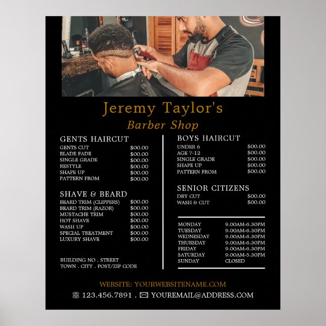 Poster Coiffure tendance, Barbiers pour hommes Tarifs (Devant)