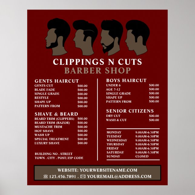 Poster Coiffures, Barbiers Hommes Tarifs (Devant)