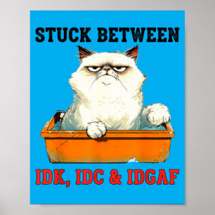 Poster Coincé entre Idk Idc Idgaf Amateur de Chat Drôle