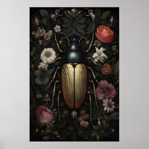 Poster Coléoptère doré dans un jardin de fleurs sombres,