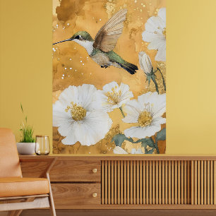 Poster colibri à gorge rubis femelle fleurs blanches