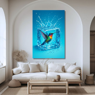 Poster Colibri Coloré à l'Intérieur d'un Cube de Glace Né