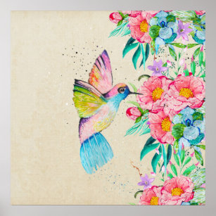 Poster Colibri et fleurs d'aquarelle