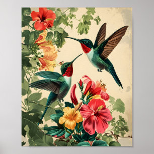 Poster Colibri et fleurs : Vintage