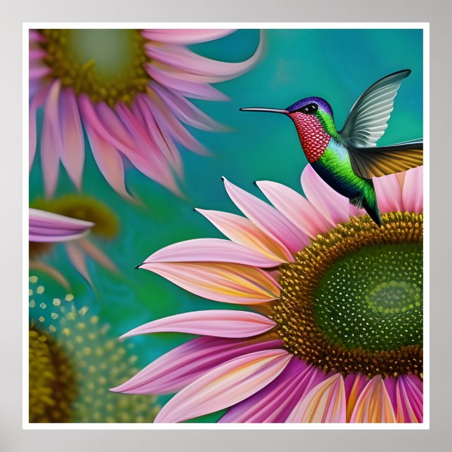 Poster Colibri et tournesol rose (Devant)