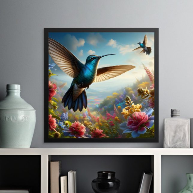 Poster Colibri gracieux volant au-dessus du champ de fleu (Créateur téléchargé)