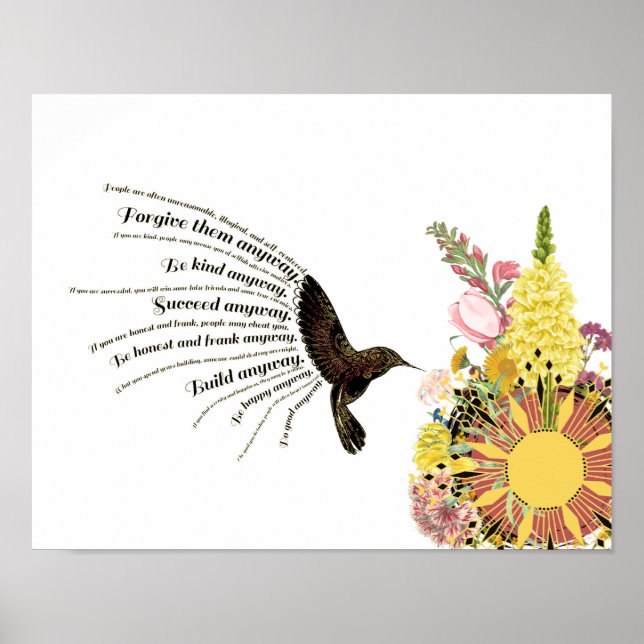 Poster Colibri, soleil et fleurs (Devant)