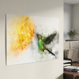Poster Colibri volant avec fleur Aquarelle - 02