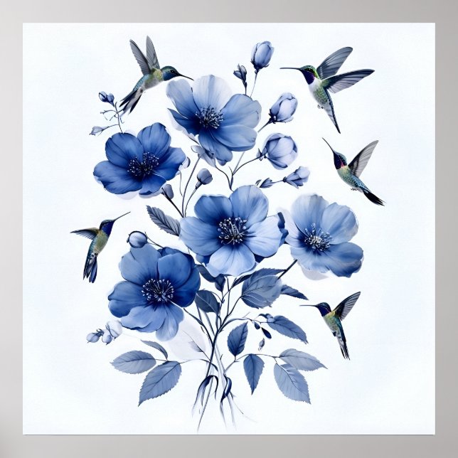 Poster Colibris Bleu Et Blanc Art Floral Élégant (Devant)