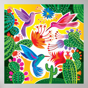 Poster Colibris et cactus en fleurs