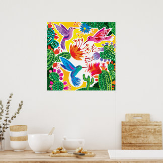 Poster Colibris et cactus en fleurs