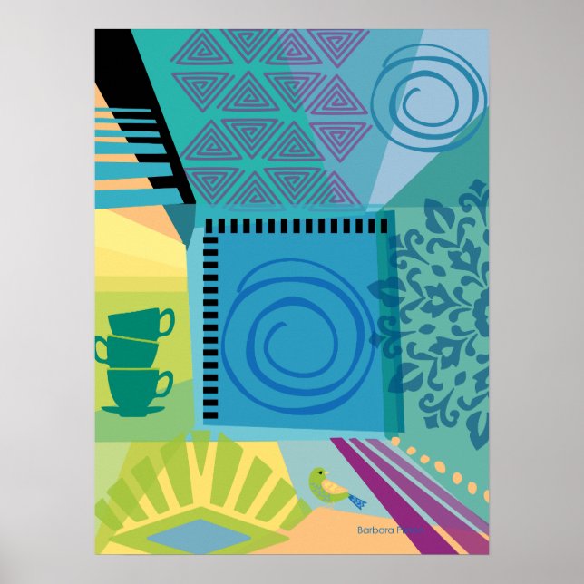 Poster Collage couleur Abstrait avec Teacups (Devant)