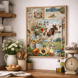 Poster Collage de ferme rustique vintage Vache 