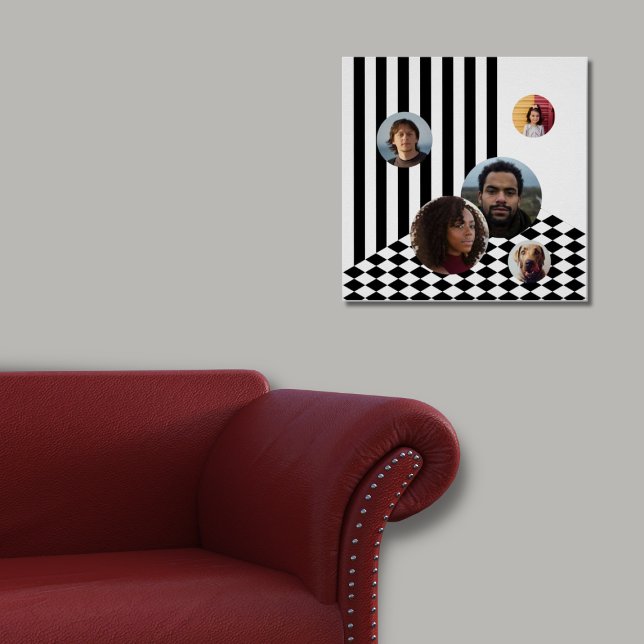 Poster Collage de photos de famille blanc noir Stripes Ch (Family Photo Collage White Black Stripes Checker Poster)