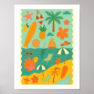 Poster Collage de plage tropicale rétro Surf Vacances d'é