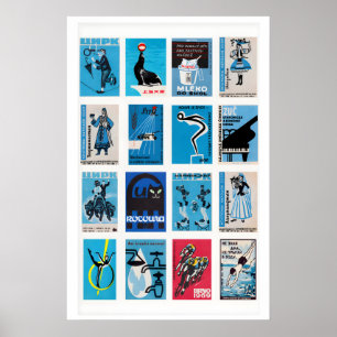 Poster Collage d'étiquettes de boîtes d'allumettes bleues
