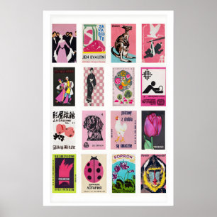 Poster Collage d'étiquettes de boîtes d'allumettes roses,