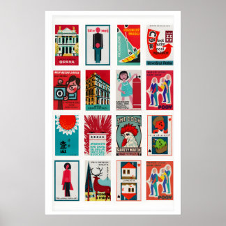Poster Collage d'étiquettes de boîtes d'allumettes rouges