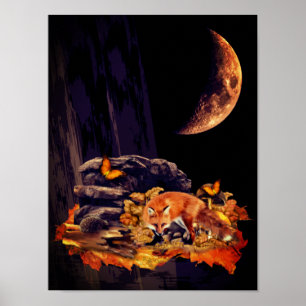 Poster Collage faunique avec renard, hérisson et lune d'a