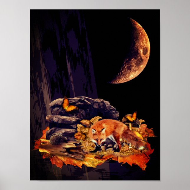 Poster Collage faunique avec renard, hérisson et lune d'a (Devant)