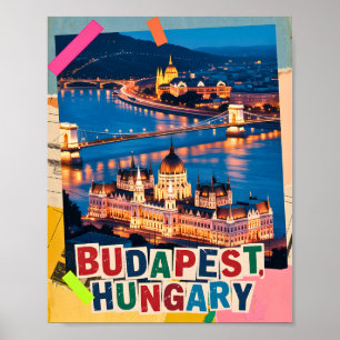 Poster Collage Pop Art Paysage Urbain de Nuit Budapest Ho