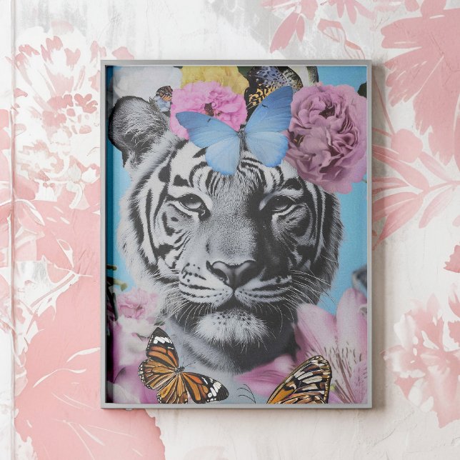 Poster Collage Retro Pop Art Tiger et Papillons (Retro-inspired collage featuring a striking tiger adorned with soft florals and butterflies. )