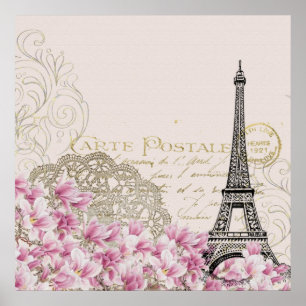 Poster Collage Tour Eiffel vintage avec Fleurs sauvages r