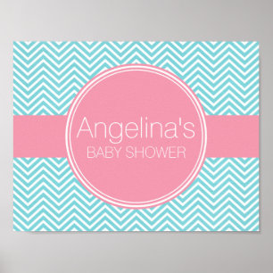 Poster Collection baby shower - Chevrons bleu rose et Aqu