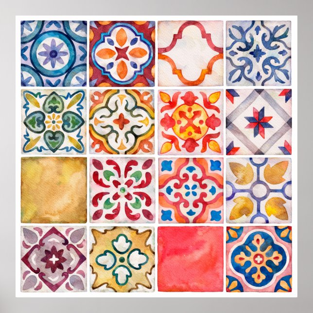 Poster Collection de carreaux en céramique aquarelle. vin (Devant)