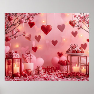 Poster Collection de cœurs roses et rouges sur un mur mod