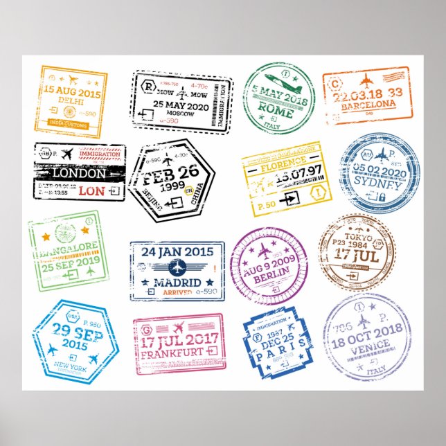Poster Collection de timbres de passeport isolés sur blan (Devant)