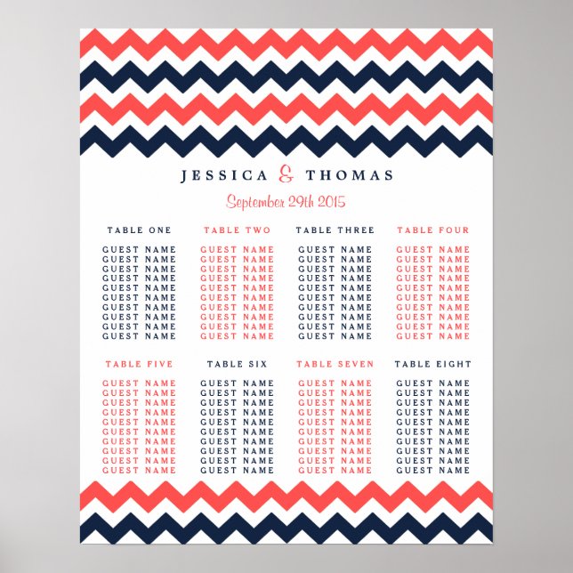 Poster Collection Mariage moderne Chevron Marine & Coral (Devant)