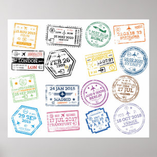 Poster Collection of Passport Stamps Isolated on White. V