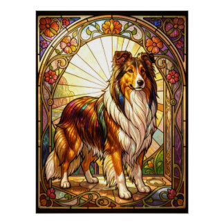 Poster Collie à poil long Art Nouveau en verre coloré