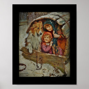 Poster Collie avec des enfants dans une niche