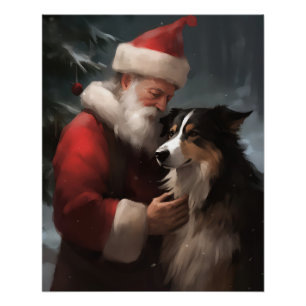 Poster Collie frontalier avec Noël Festif du Père Noël