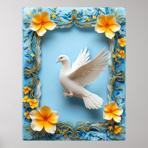 Poster Colombe blanche dans un cadre bleu orné