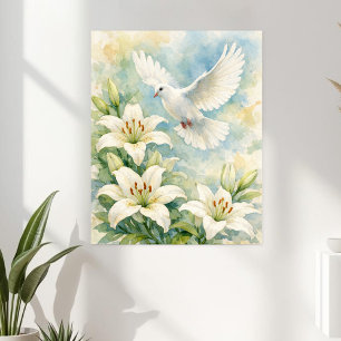 Poster Colombe chrétienne et lis à l'aquarelle