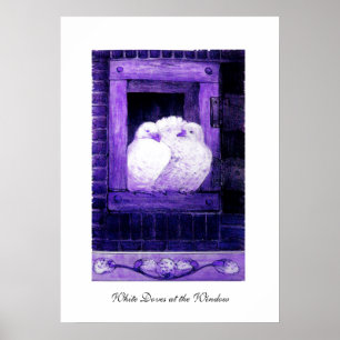 Poster COLOMBES BLANCHES À LA FENÊTRE, bleu violet
