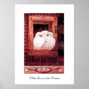 Poster COLOMBES BLANCHES À LA FENÊTRE, rouge rose