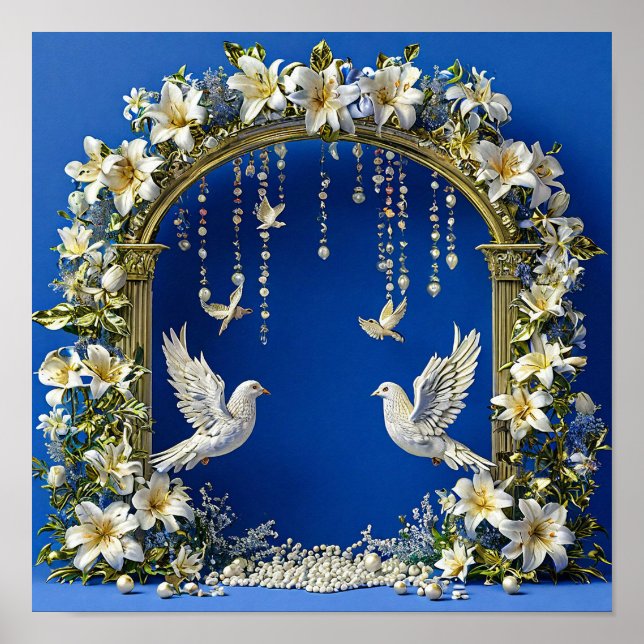 Poster Colombes de mariage Ciel Romantique Oiseaux 💍🕊️☁ (Devant)