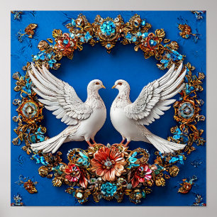 Poster Colombes de mariage Symbole d'amour Floral Romance