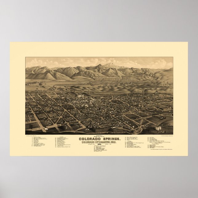 Poster Colorado Springs, CO Carte panoramique - 1882 (Devant)